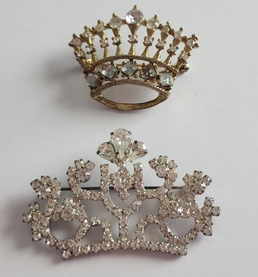 Lot Of 2 Rhinestone Crown Tiara Brooch Costume Jewelry Pins