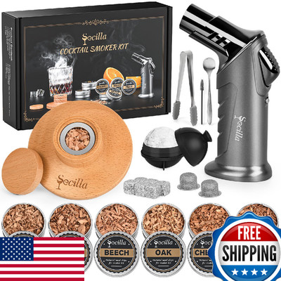 Secilla Cocktail Smoker Kit, Whiskey Smoker Kit with Torch, 6 Flavors Wood Chips