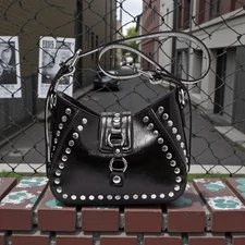 Gothic Black Studded Shoulder Bag 8.6" Punk Rock PU Purse with Adjustable Strap