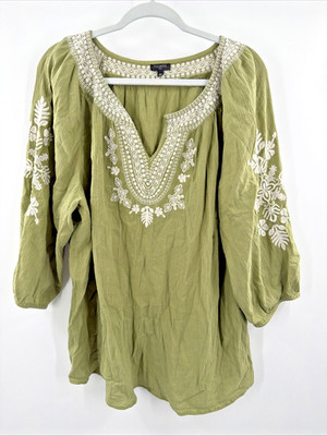 Talbots Embroidered Gauze Tunic Peasant 3/4 Sleeve Green Womens Plus 3X Fairy