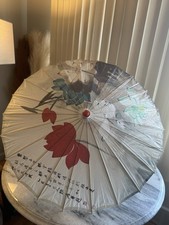 Chinese Handmade Painted Paper Parasol with Calligraphy and Floral Artwork