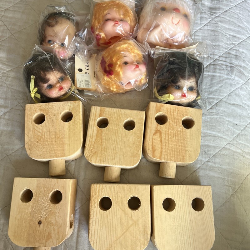 Vintage Doll Faces and Heads Lot of 6 And Wooden Face Starts