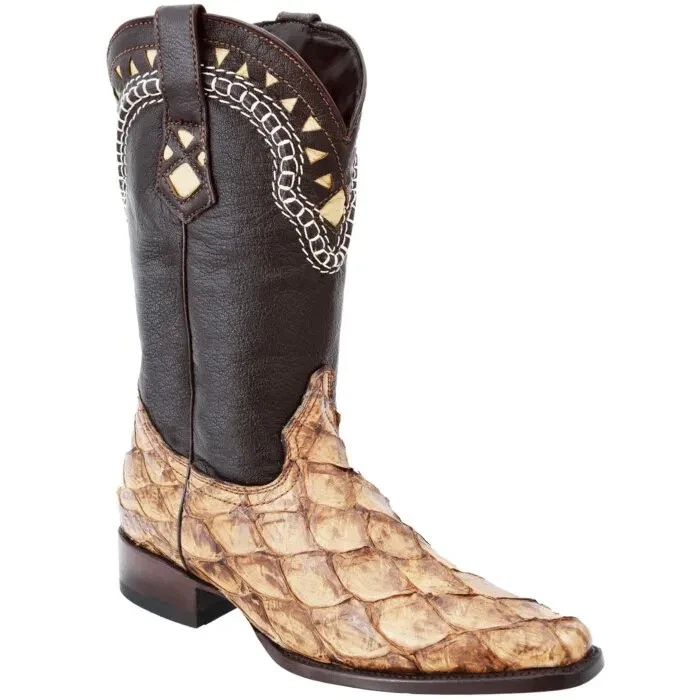 Genuine Exotic Pirarucu Monster Fish European Square Toe Cowboy Boots - Oryx