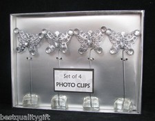 NEW 4 PC SET SILVER TONE BUTTERFLY+CRYSTAL PHOTO,PICTURE CLIPS+BOX 