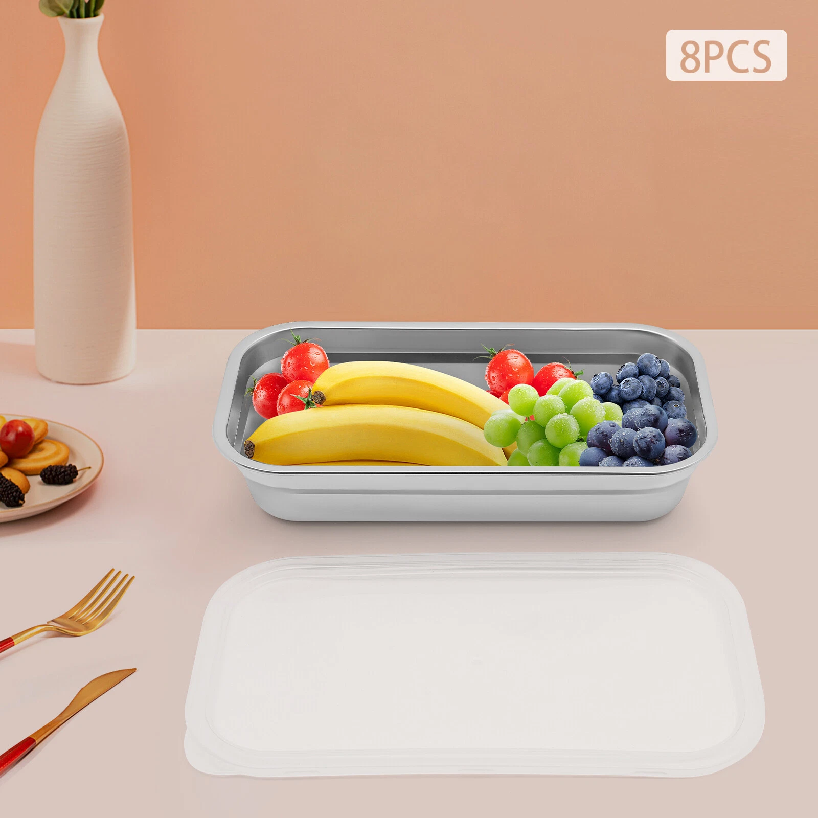 Set of 8 Stainless Steel Food Storage Containers with Lids, 3L Capacity