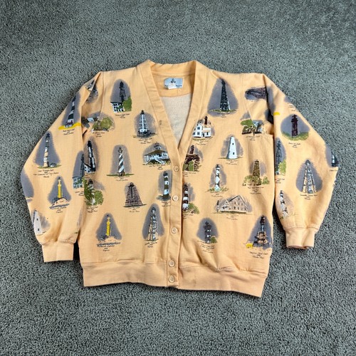 VINTAGE 90s Lighthouse Point Cardigan Sweater Womens L Orange Gulf East Coast