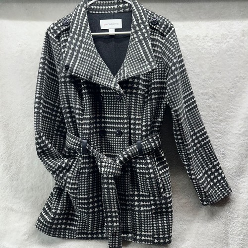 Liz Claiborne Women Black/White Belted Variegated Houndstooth Coat - Size L