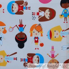BonEful FABRIC FQ Cotton Quilt Cream Red Blue Girl Sport Cheerleader Tennis Ball