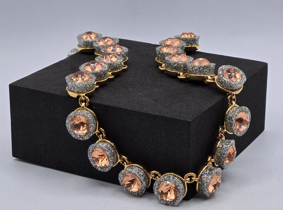 J. Crew Statement Necklace Gold Tone Chain Brulee Cupcake Glittery Pink Stones - Image 4 of 4