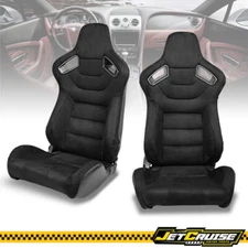 Universal Pair Reclinable Racing Seat + Dual Slider Black Suede Carbon Leather