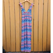 Forever 21 Printed V Neck Maxi Dress Size S Blue Orange Casual