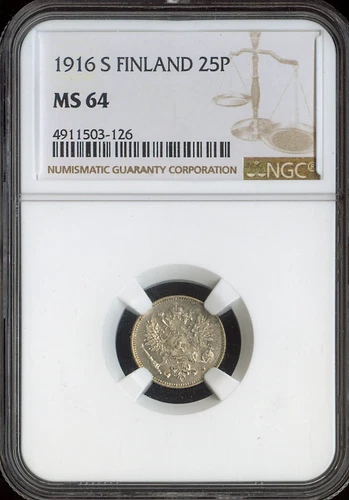 1916-S Finland 25 Pennia NGC MS64 Quality