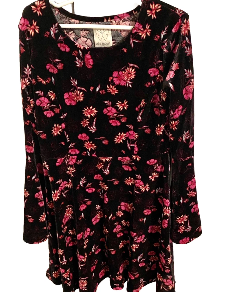 Ella Moss девочек размер 12 черный розовый цветочный печать бархата платье Bell рукав носили 1 x - Изображение 3 из 4
