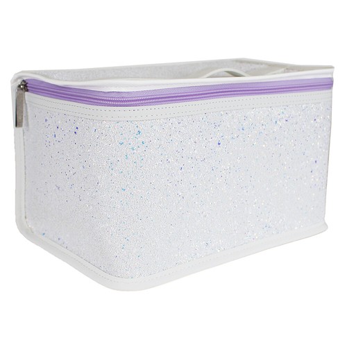 Clinique White Textured Glitter Train Case Cosmetic Makeup Travel Bag w