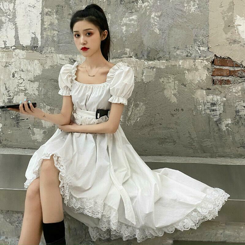 Womens Ruffle Asymmetric Dress Gothic Lolita Puff Sleeve Midi Lace Dress  Summer