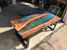 Natural Blue Epoxy Table Top, Resin River Table, Acacia Wooden Table, Home Decor