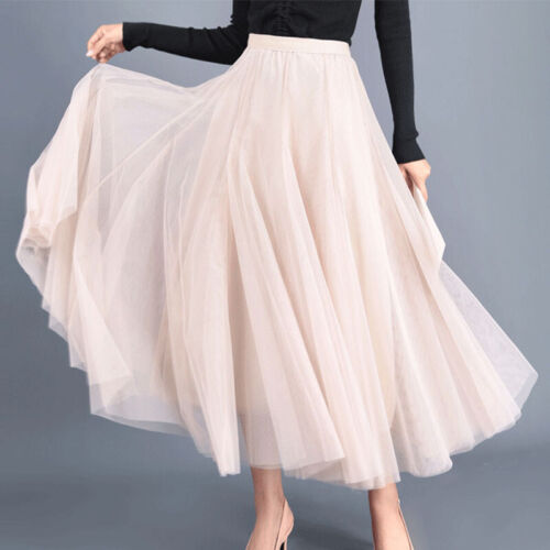 Women Elegant Mesh Tulle Layered Tutu Skirt Pleated Party Ladies Maxi Long Dress - Picture 19 of 22