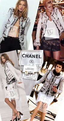 CHANEL 04S Ivory Grey Black Fringe Tweed Jacket Skirt Suit