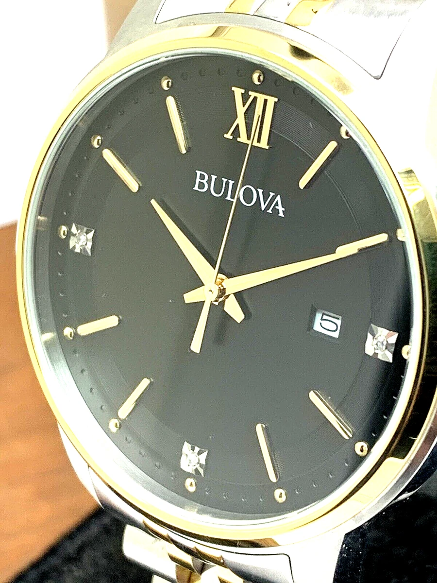 Bulova Men's Gold Diamond Quartz Black Dial Stainless Steel Watch