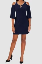 MSK Women's Blue Embellished Cold-Shoulder Elbow-Sleeve Dress Size M
