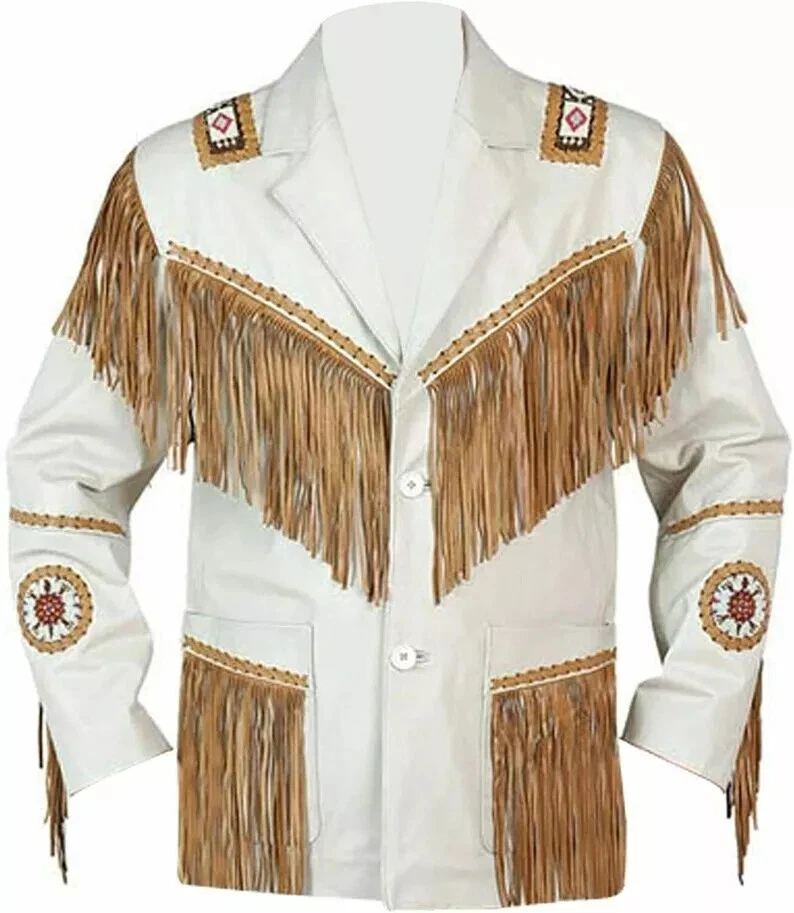 Men's White leather jacket Vintage Handmade Beaded With Fringes