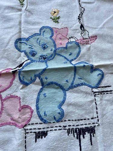 Vintage Embroidered Baby Blanket Light Weight Cotton 47x29 Pink Blue Bears Crib - Picture 3 of 6
