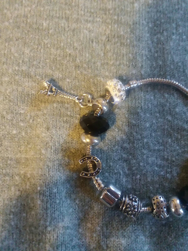 Charm Bracelet, Silver Tone, Butterfly,  Wing, Heart,  Horse Shoe, ... - Image 3 of 4