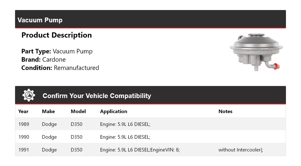 Bomba de vacío diésel Cardone 1990 para Dodge D350 1989-1991 5,9 L L6 Foto 2 de 4