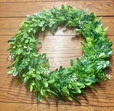 Vintage Artificial mid-Century Boxwood Greenery Wreath with White Berry Accents