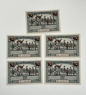 Set of 5 Sequential Serial Number 1920 Dramburg Germany 50 Pfennig A0090