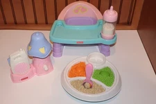 Fisher Price Servin' Surprises Baby Food Dish  Magic Spoon Bottle & High Chair