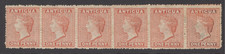 SG 7 Antigua 1863-67. 1d vermilion. Fresh strip of 6. Lightly mounted/mounted...
