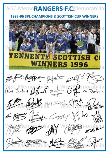 12877. 1995-96 Glasgow Rangers Signed Team Photo Sheet PRINTED AUTOS A4 Double