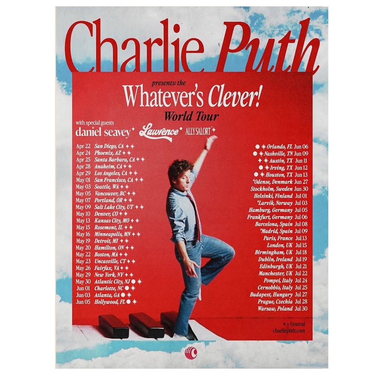 Charlie Puth ポスター 額装済み Charlie Puth Whatevers Clever World Tour Concert Poster | eBay