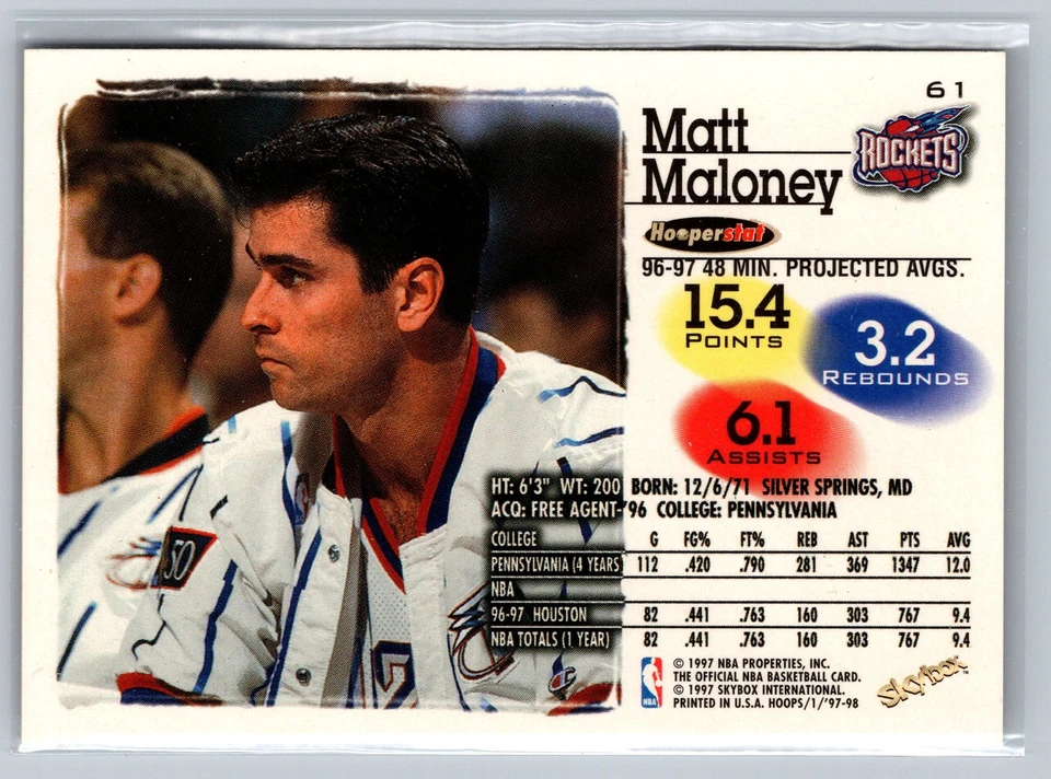 1997-98 Hoops #61 Matt Maloney Houston Rockets - Image 2 of 2
