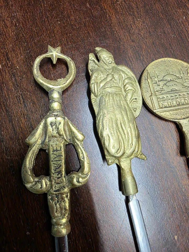 Vintage Turkish shish kebab brass handles stainless steel shafts. Set Of 6 - Image 2 of 4