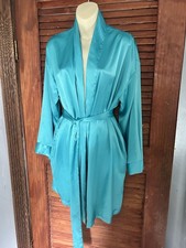 Vintage Y2K Victoria s Secret Blue Teal Satin Kimono Robe One Size Belted Pocket