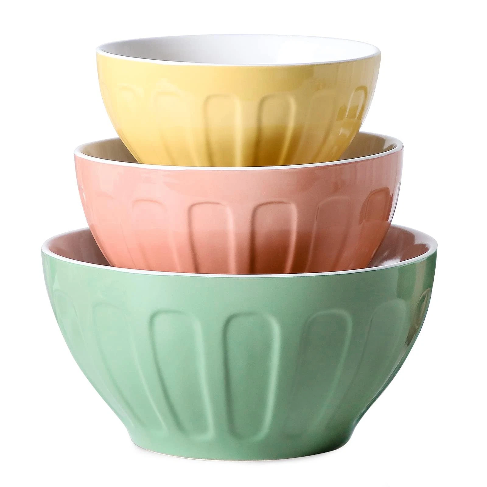 Lareina Ceramic Mixing Bowls for Kitchen, Large large, Yellow/Pink/Green