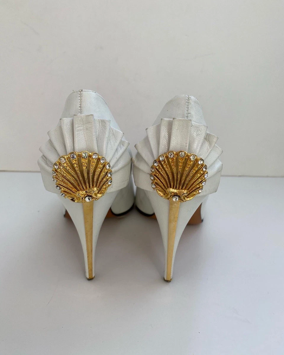 EARIAKOZ 39 Made in Greece White Gold Heels Pumps Shell 80s 90s Vintage  Retro | eBay