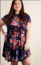 Boutique BELLAMIE Baby Doll Floral Dress Short Sleeves Navy Blue 2XL Plus Size
