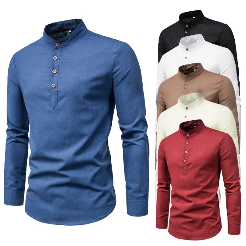 Lot De 4 Chemises Homme Décontractées – 95% Coton, 5% Spandex – Manches Longues, Col Ras Du Cou – Grandes Tailles