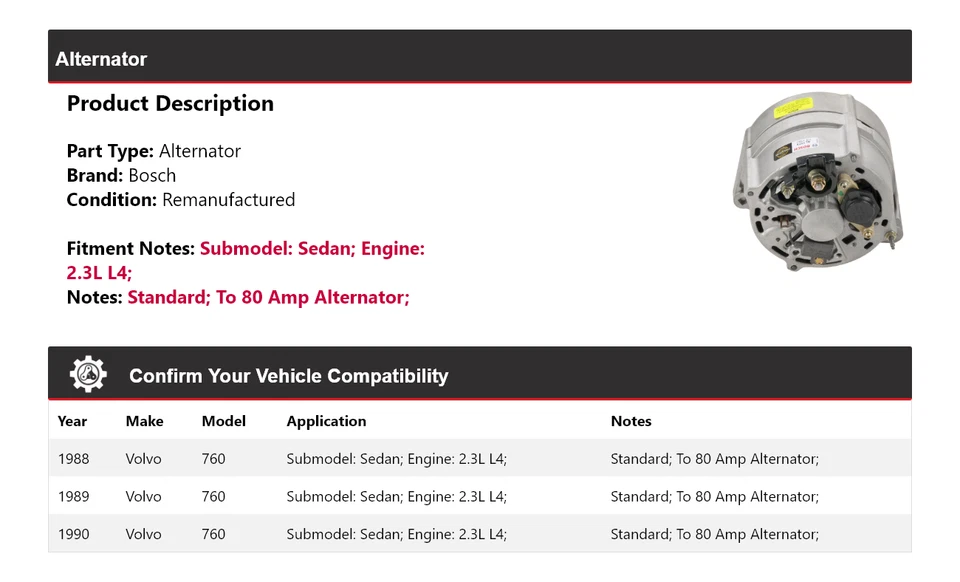 Alternador Bosch para Volvo 760 1988-1990 sedán 2,3 L L4 (remanufacturado) 1989 Foto 2 de 4