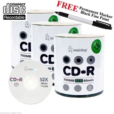 300 Pcs Smartbuy 52X CD-R 700MB Logo Top Recordable Disc +Black Permanent Marker