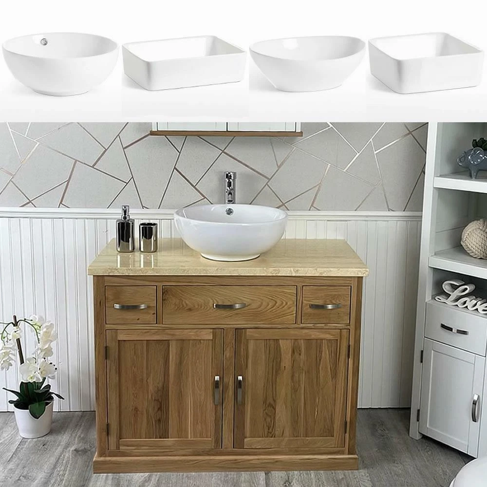 Bathroom Vanity Unit Oak Cabinet Wash Stand Cream Marble Top & Ceramic Basin