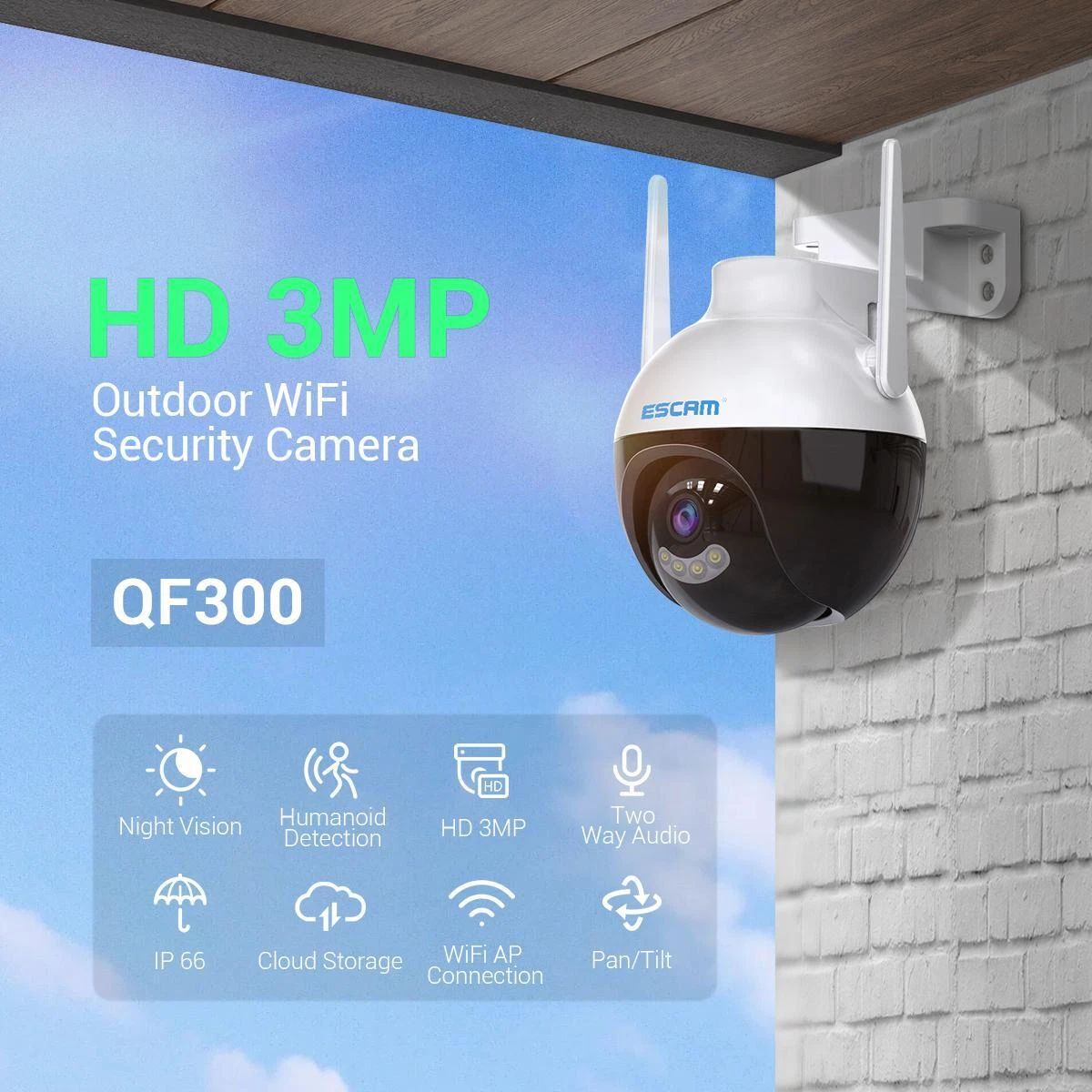 ESCAM Cloud Storage outdoor WiFi 2 Way Night vision 3MP Auto Tracking IP Camera
