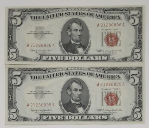 Pair of 1963 $5 United States Notes Fr. 1536 A-A Blk Consecutive S/Ns Crisp UNC - Picture 1 of 2
