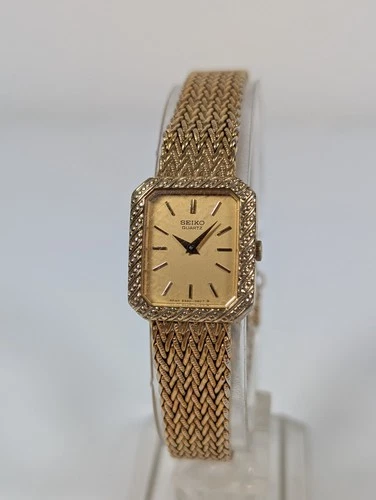 Vintage Seiko Watch Womens Gold Toned Tank NEW BATTERY 2320-5549 Woven Texture