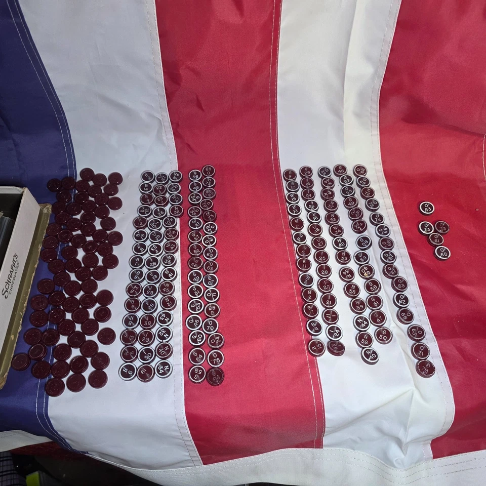 BINGO Vtg Circa 1950's Transogram Gold Medal Game Cards 91 Plastic Call Tiles - Image 3 of 4