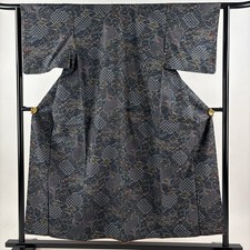 JAPANESE KIMONO TSUMUGI DARK BLUE 155cm 5 ft 1 in PURE SILK FF9995