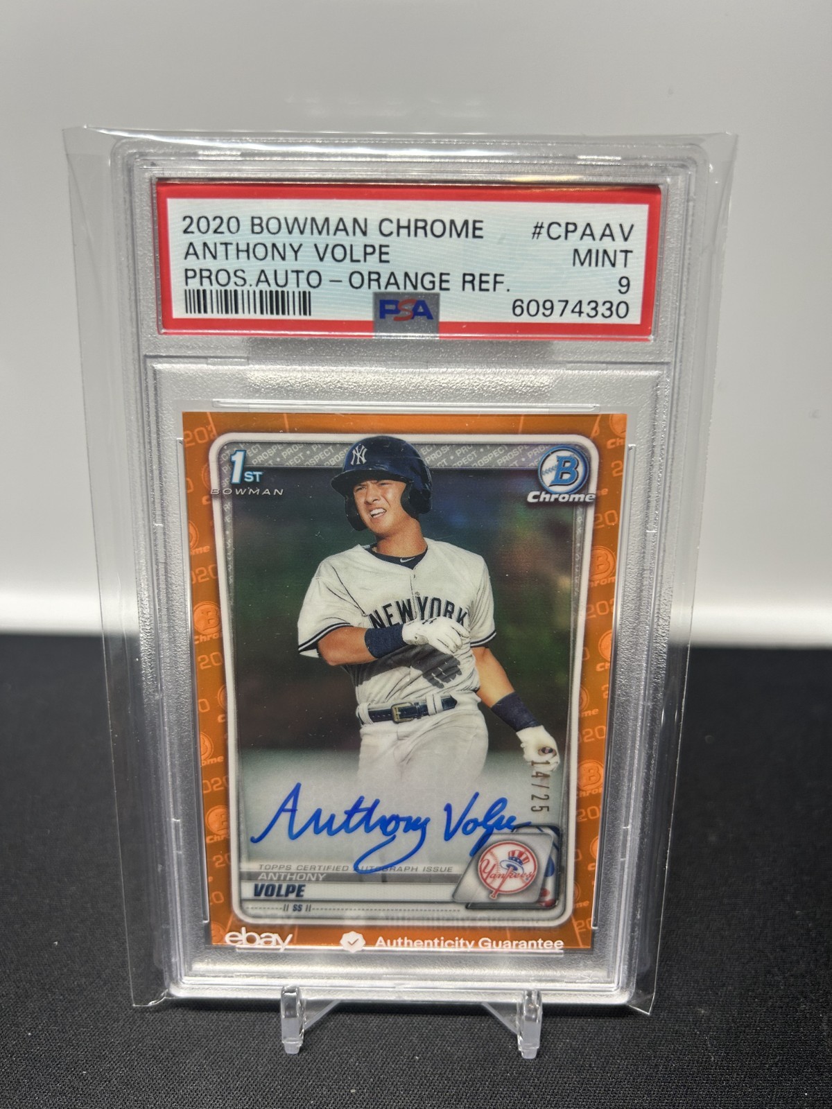 2020 Bowman Chrome True Orange Refractor Anthony Volpe Rookie AUTO 14/25 PSA 9